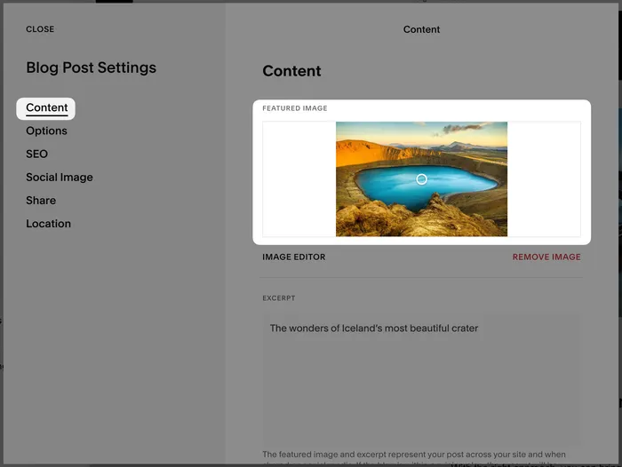 Screenshot of the Squarespace interface showing the Featured Image setting for blog posts