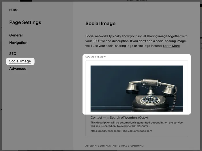 Screenshot of the Squarespace interface showing the Social Image setting for regular pages